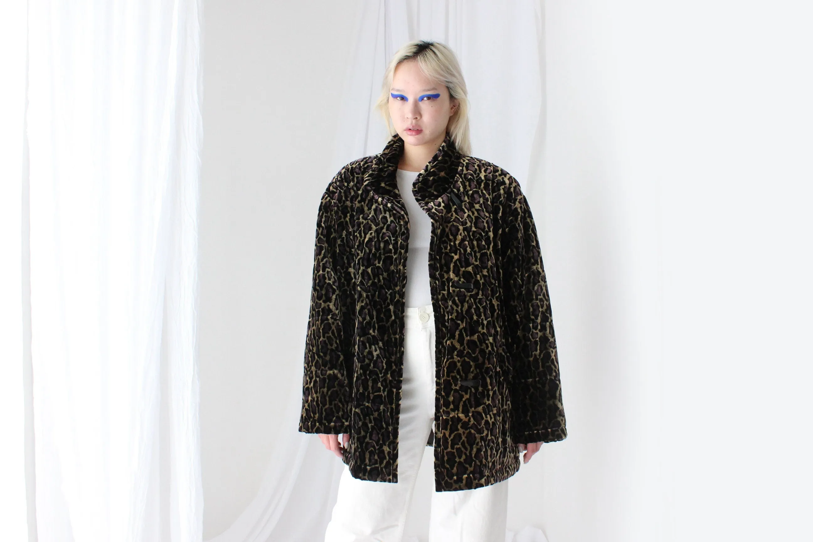 80s PURE SILK VELVET Quilted Puffer Coat in Leopard Print