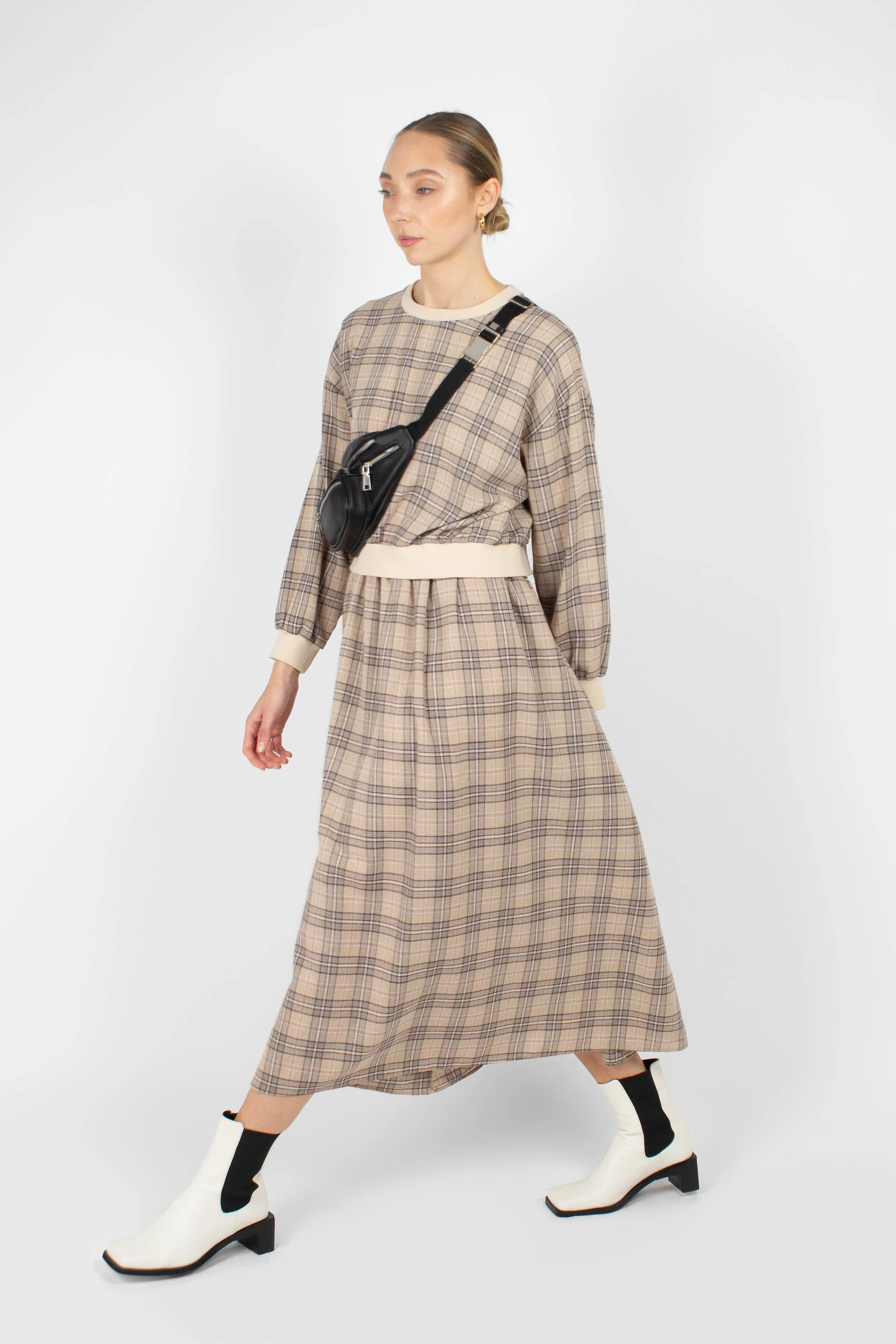 Beige and brown checked maxi skirt
