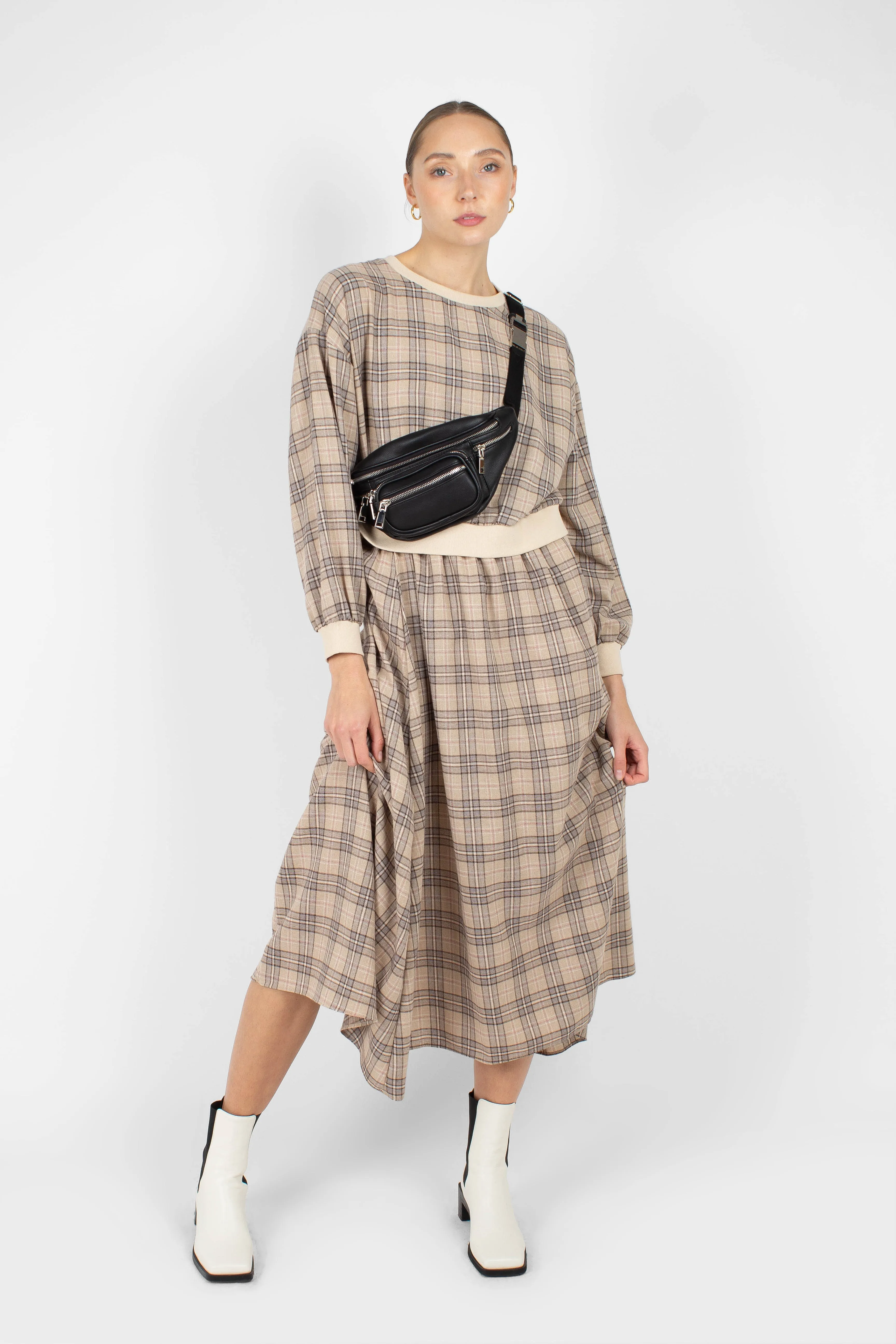 Beige and brown checked maxi skirt