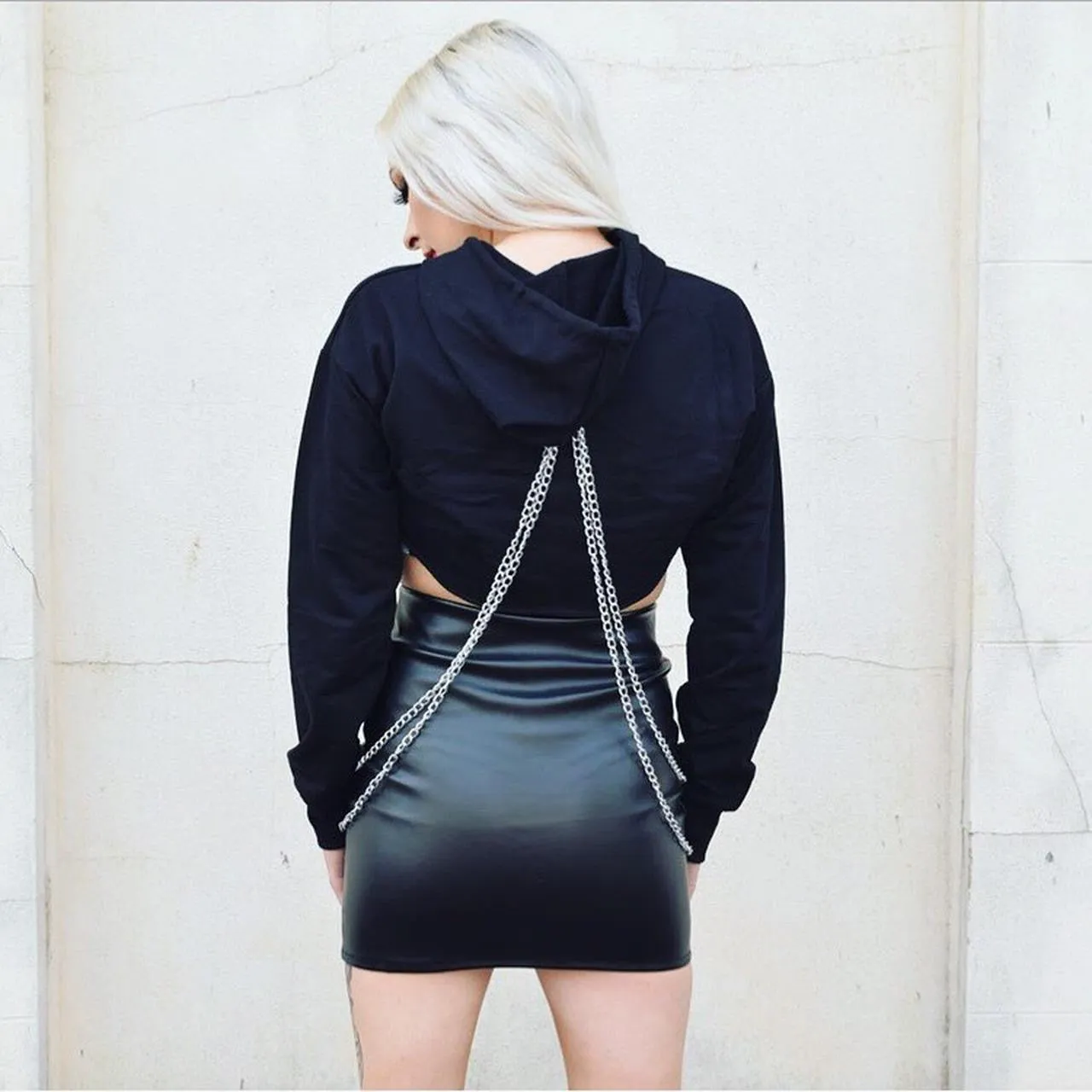 Black Chain Punk Hooded Cropped Sweater