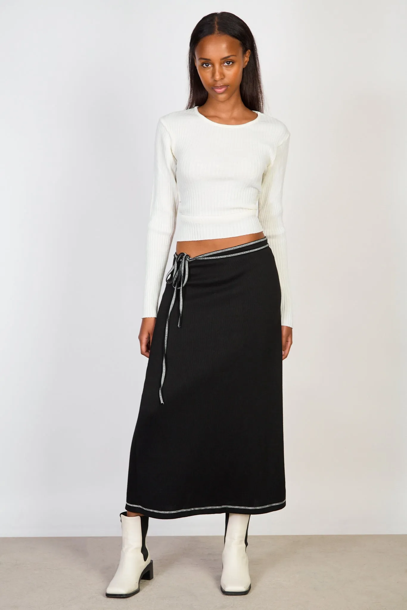 Black jersey and white contrast stitch wrap skirt