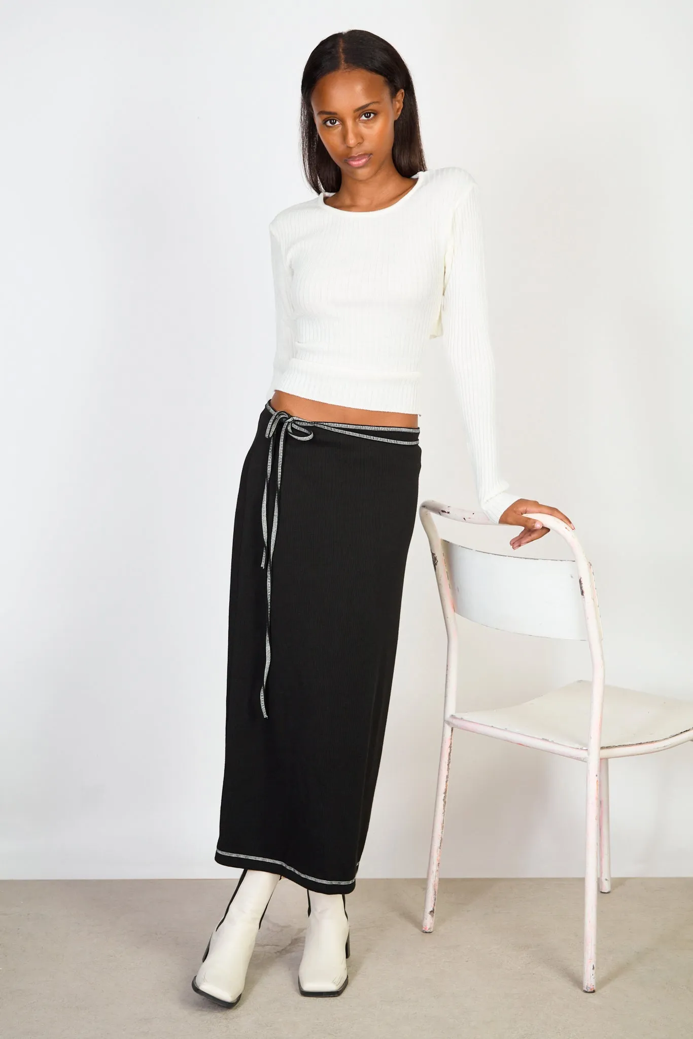 Black jersey and white contrast stitch wrap skirt