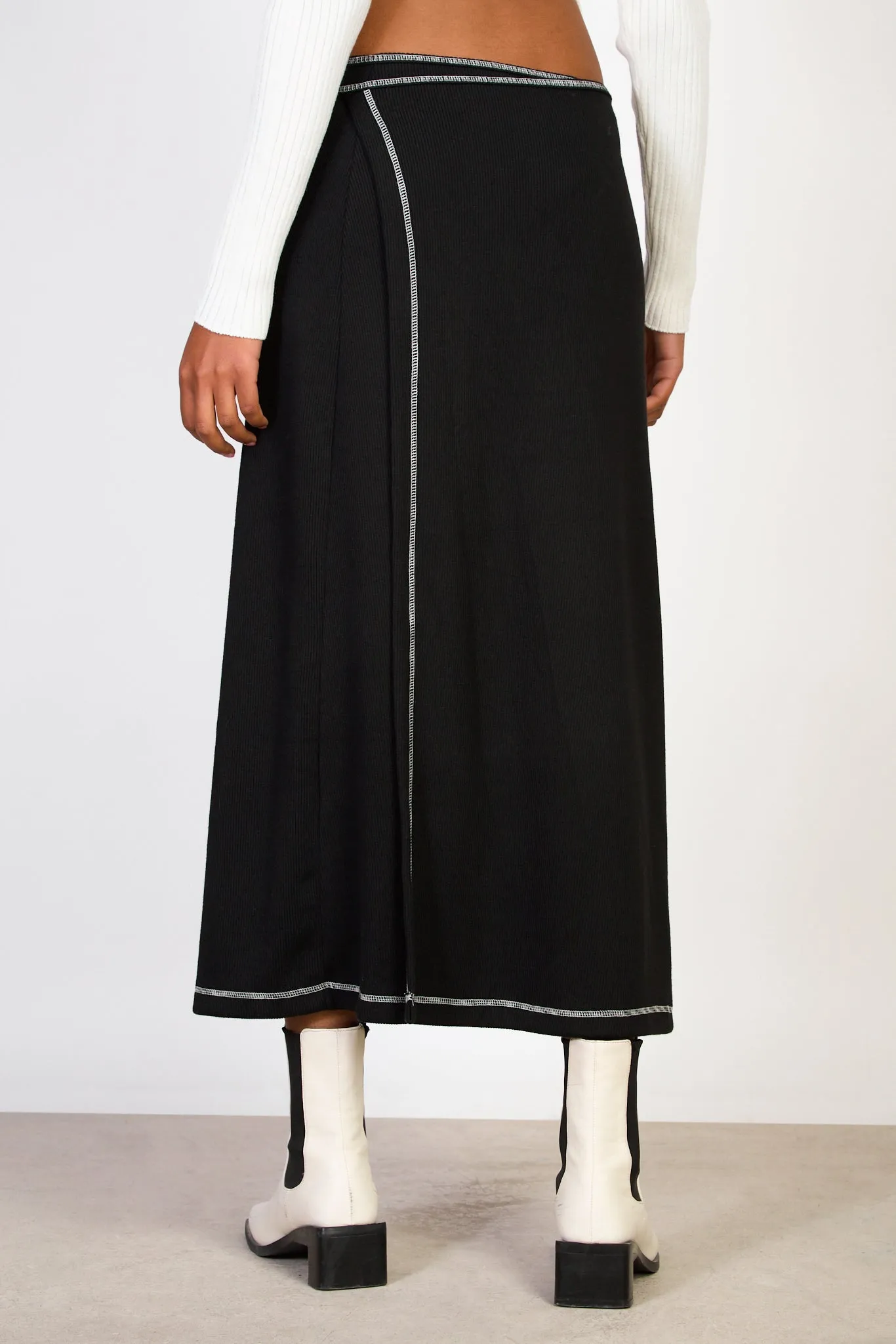 Black jersey and white contrast stitch wrap skirt