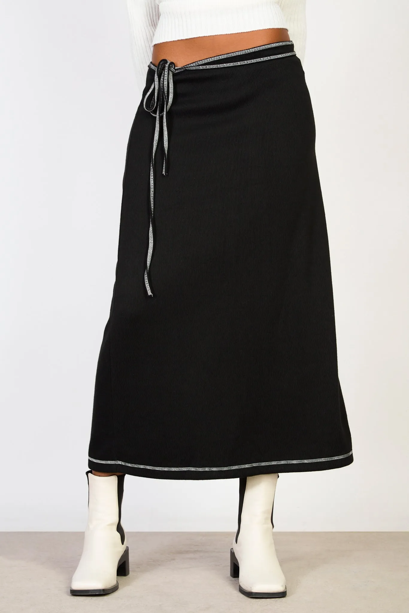 Black jersey and white contrast stitch wrap skirt