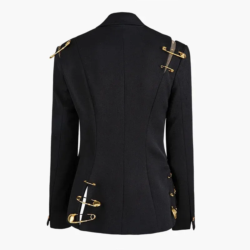 Black Loose Fit Hollow Out Pin Spliced Jacket Blazer