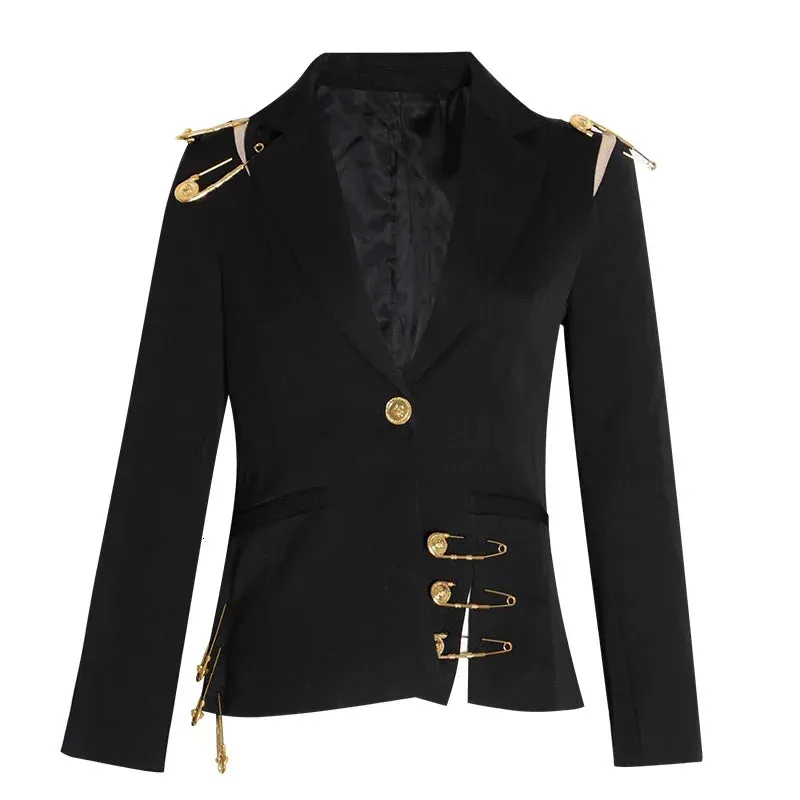 Black Loose Fit Hollow Out Pin Spliced Jacket Blazer