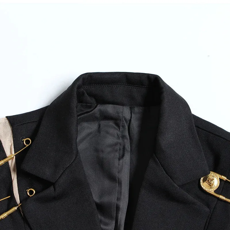 Black Loose Fit Hollow Out Pin Spliced Jacket Blazer