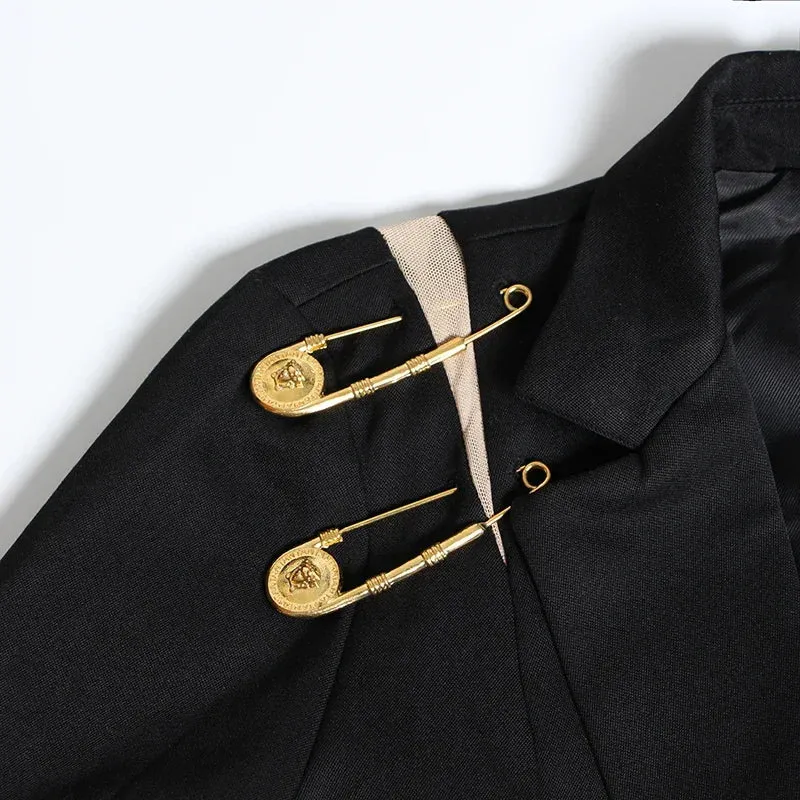 Black Loose Fit Hollow Out Pin Spliced Jacket Blazer