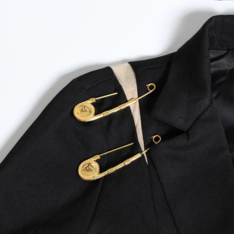 Black Loose Fit Hollow Out Pin Spliced Jacket Blazer