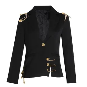 Black Loose Fit Hollow Out Pin Spliced Jacket Blazer