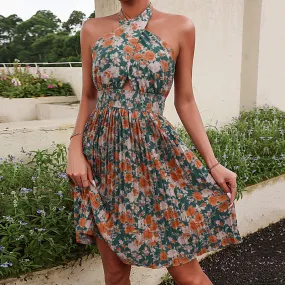 Fashionable Pleated Sleeveless Halterneck Dress