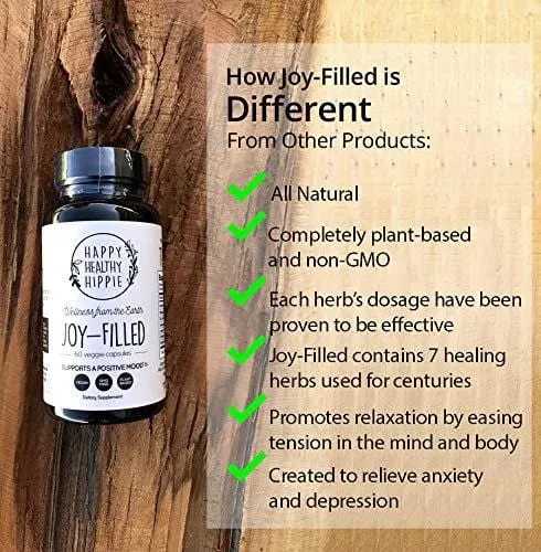 Joy-Filled | 100% Plant-Based Supplement for Anxiety & Depression Relief | Helps Relax The Mind, Boosts Mood, Relieve Stress | Contains 7 Powerful Herbs, Non-GMO, 60 Vegan Capsules