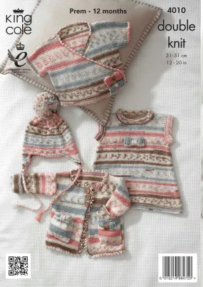King Cole 4010 Double Knitting Pattern - Baby Tunic, Cardigan, Cross Over Cardigan & Hat DK