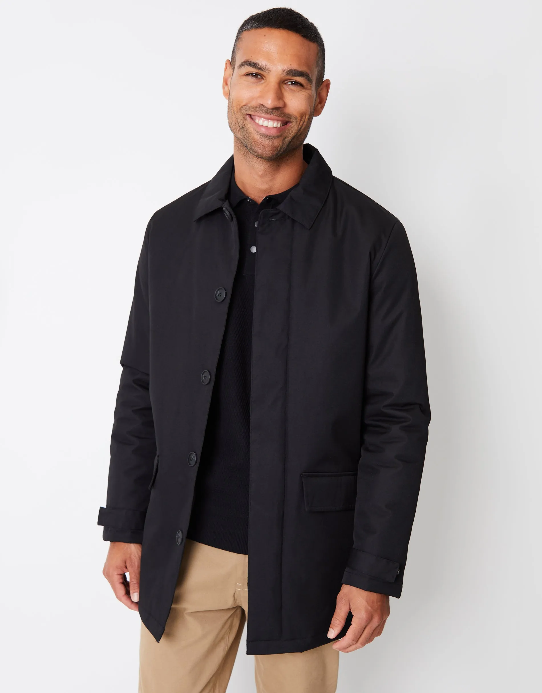 Men's Black Showerproof Button Up Collared Mac