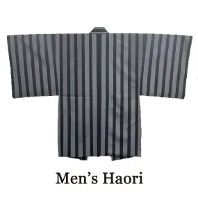 Men's Japanese Kimono Haori, Coat : Black and Grey striped *L size
