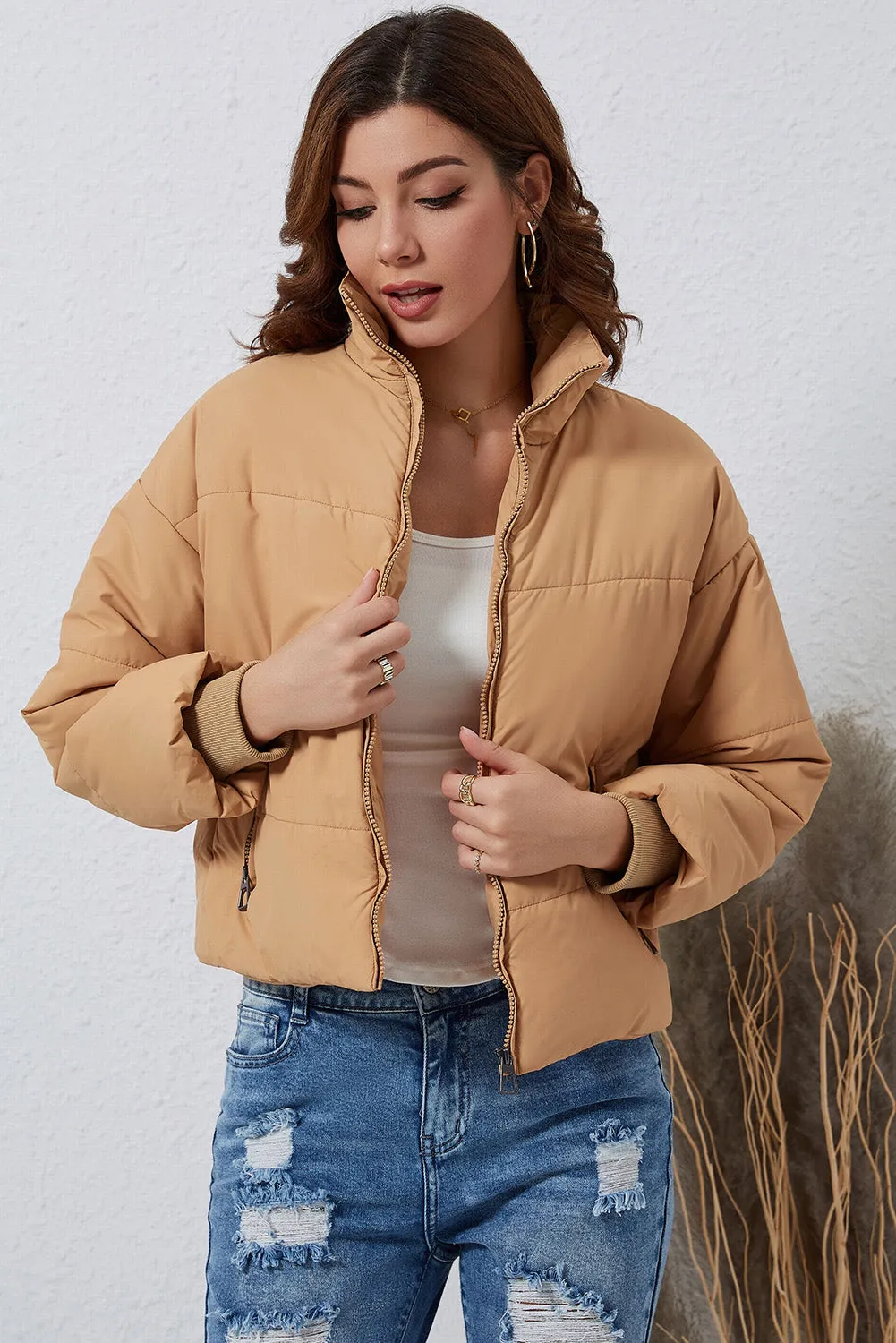 Moss Green Solid Zip Up Pocketed Puffer Coat