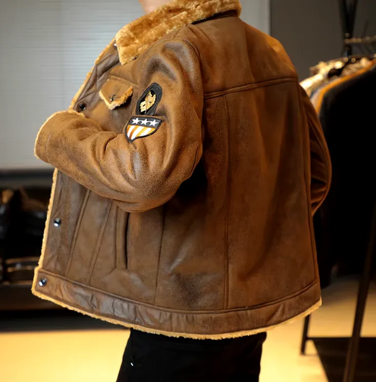New Autumn Winter Thicken Warm Fleece Jacket Coat Men's Shearling Outdoor Casual Motorcycles Bomber Biker Brown Sz M