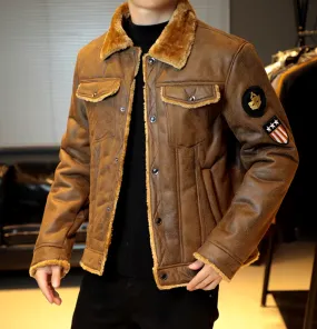 New Autumn Winter Thicken Warm Fleece Jacket Coat Men's Shearling Outdoor Casual Motorcycles Bomber Biker Brown Sz M