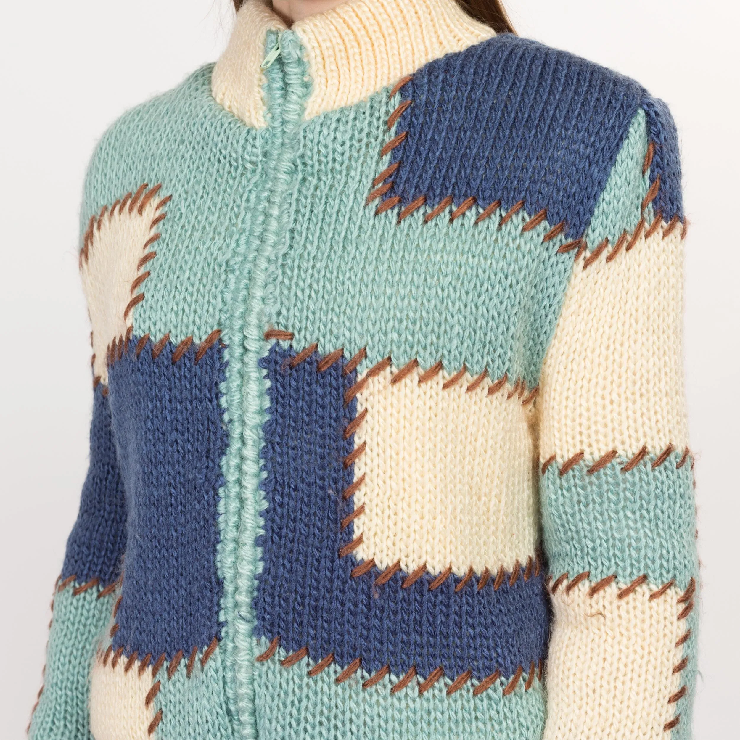 Sm-Med 80s Color Block Patchwork Knit Cardigan Jacket