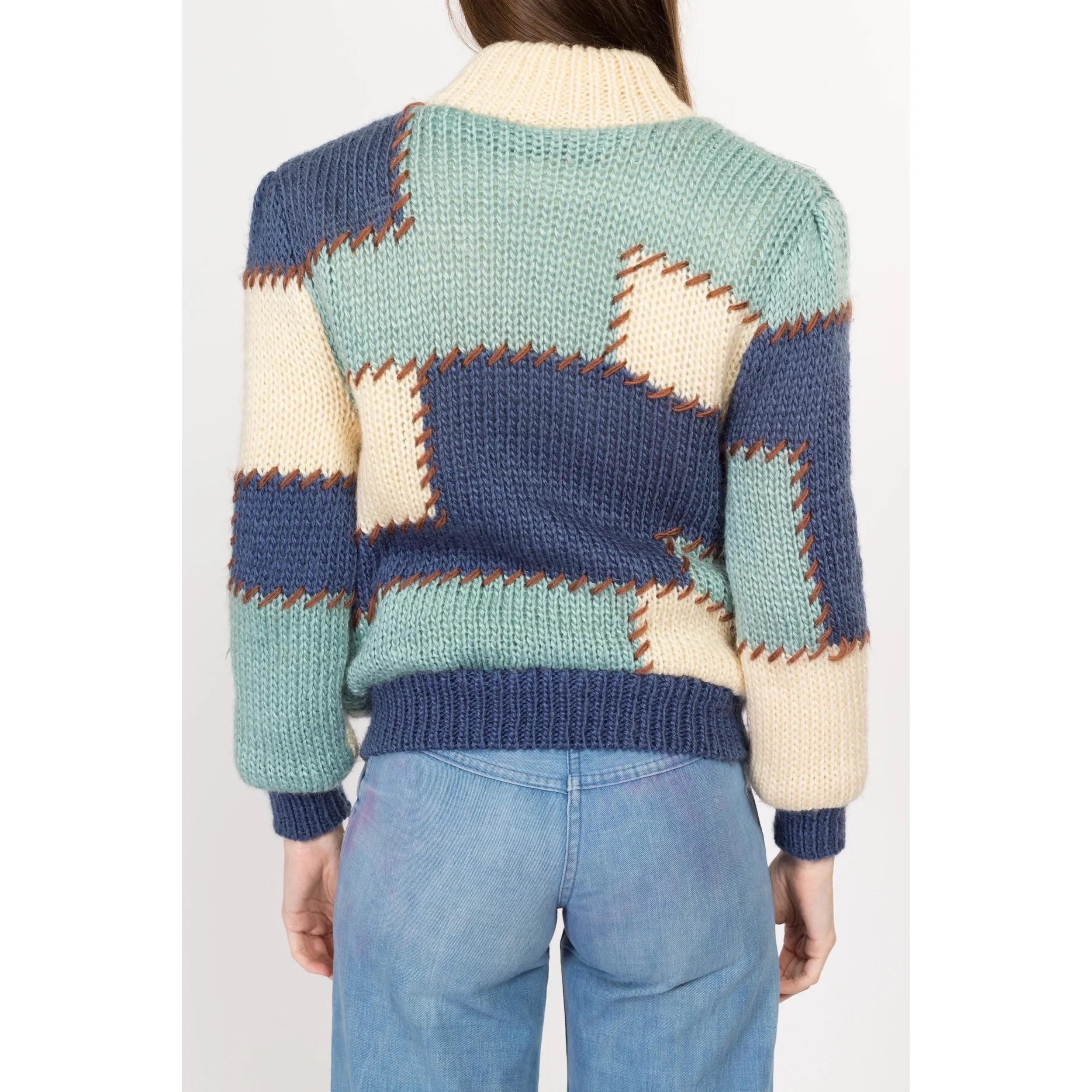 Sm-Med 80s Color Block Patchwork Knit Cardigan Jacket