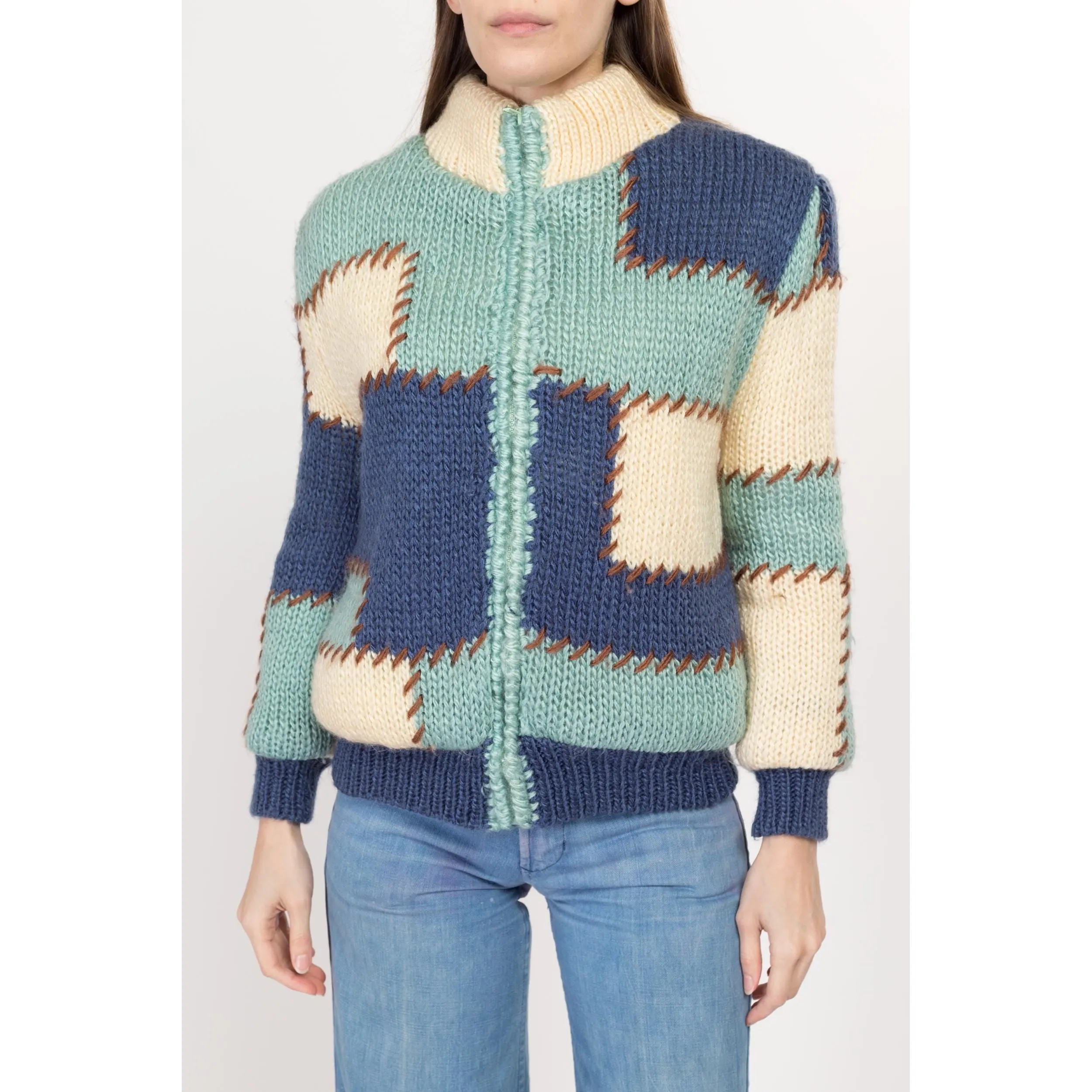 Sm-Med 80s Color Block Patchwork Knit Cardigan Jacket