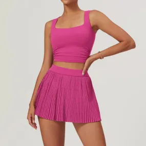 Solid Color Stretchy Sleeveless Top And Pleated Mini Skirt Set