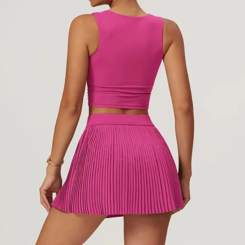 Solid Color Stretchy Sleeveless Top And Pleated Mini Skirt Set