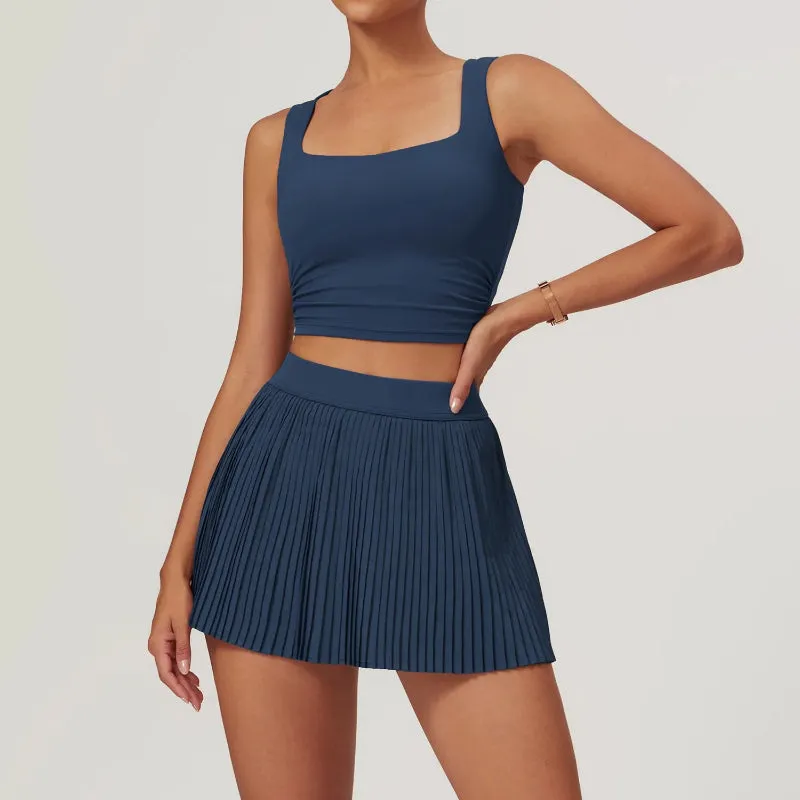 Solid Color Stretchy Sleeveless Top And Pleated Mini Skirt Set