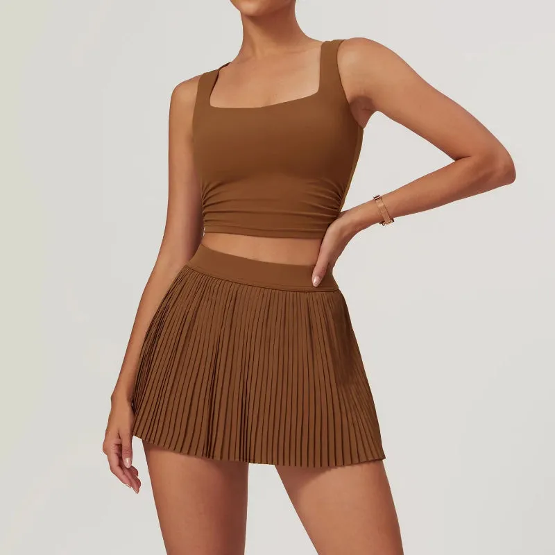Solid Color Stretchy Sleeveless Top And Pleated Mini Skirt Set