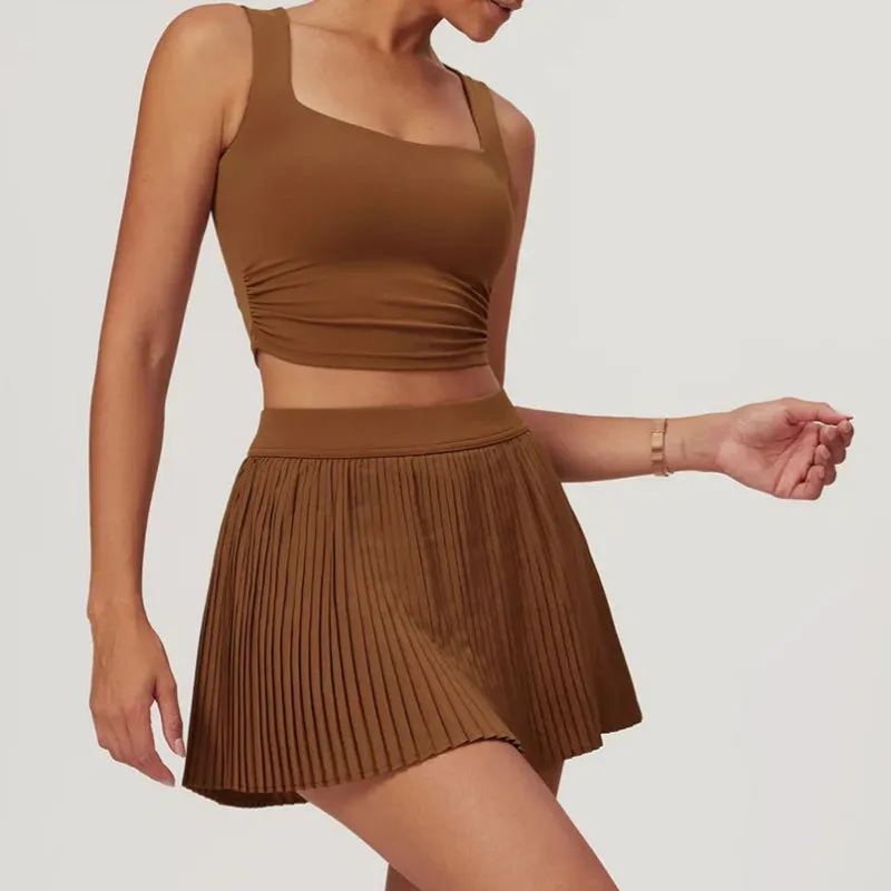 Solid Color Stretchy Sleeveless Top And Pleated Mini Skirt Set