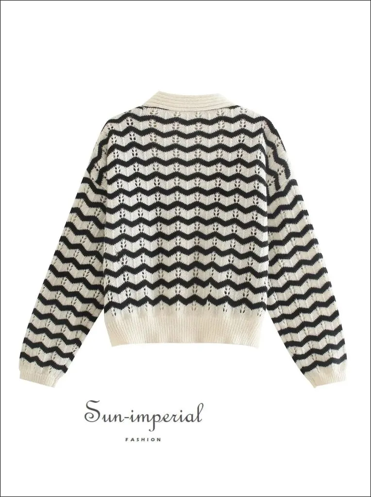 Women White with Black Zig Zag Print Knitted Cardigan Single Breasted Sweater