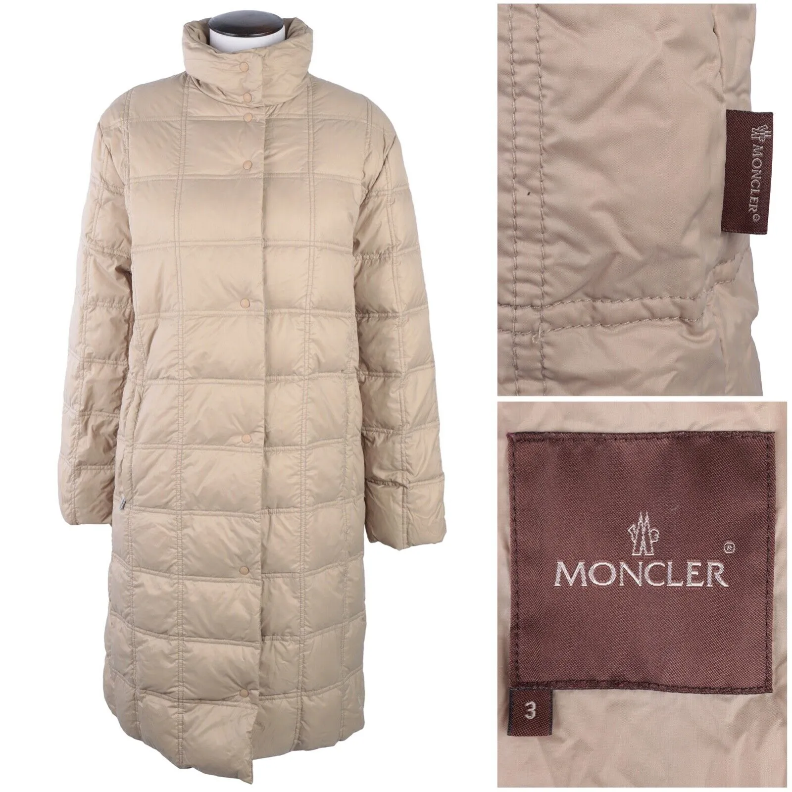 Women's Vintage MONCLER Beige Long Down Puffer Quilted Coat Jacket Size 3